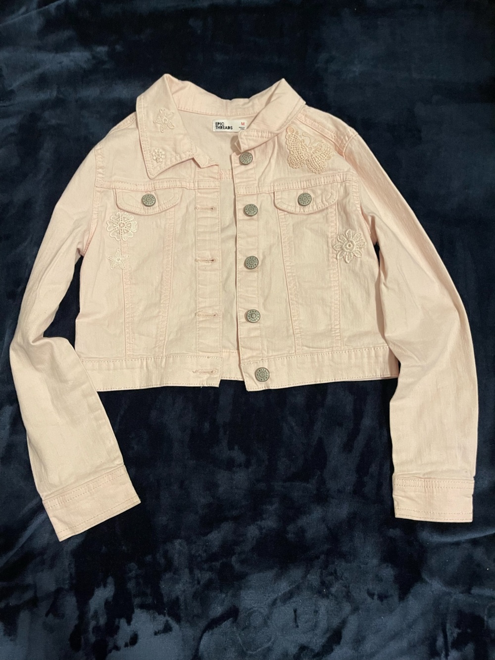 Epic Threads Pale Pink Embroidered Cropped Denim Jacket